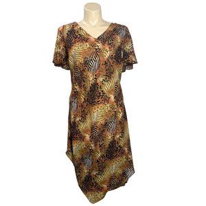 Kemp Collection 24W Dress Asymmetric Midi Brown Black Olive Green Animal Print